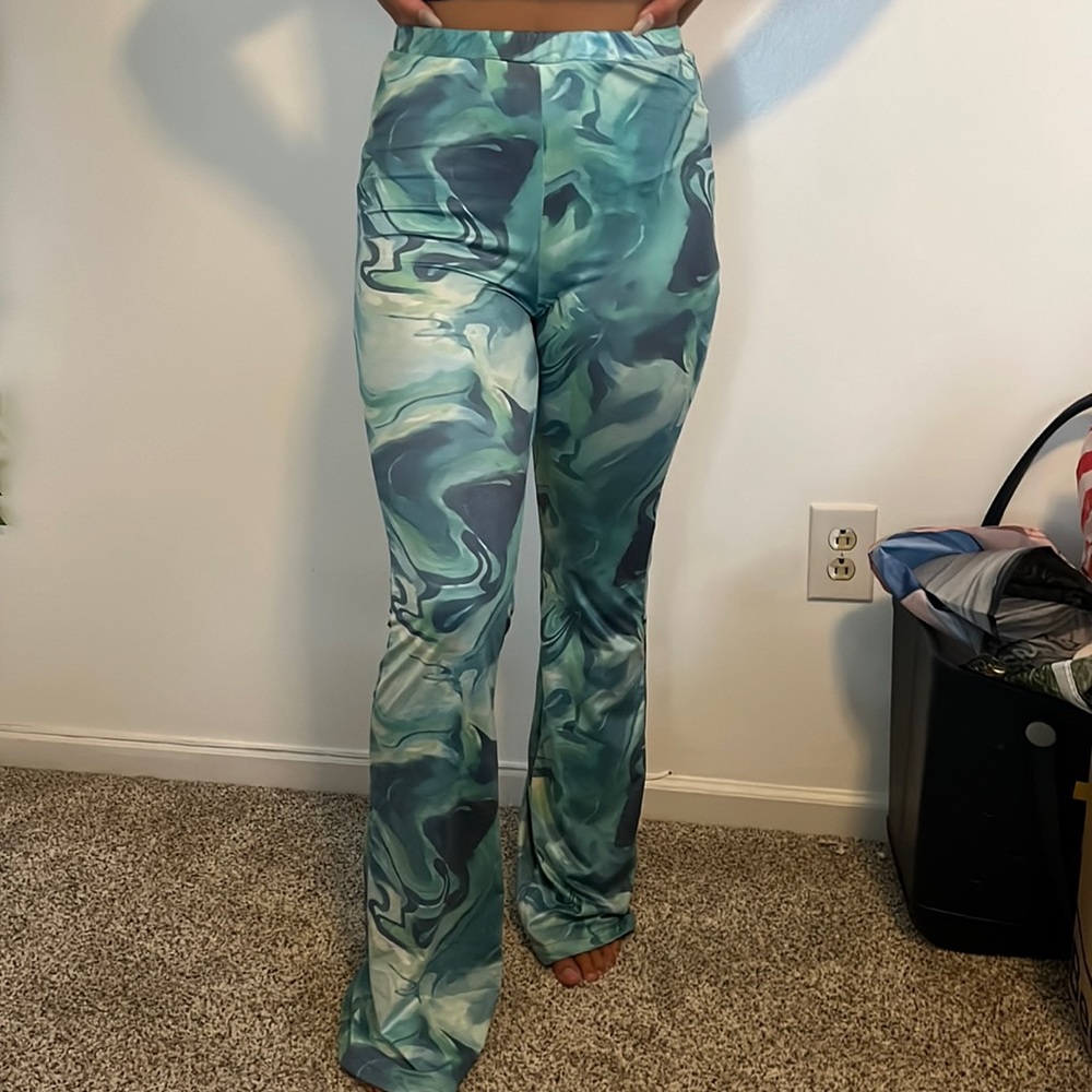 flared blue and green patterned pants